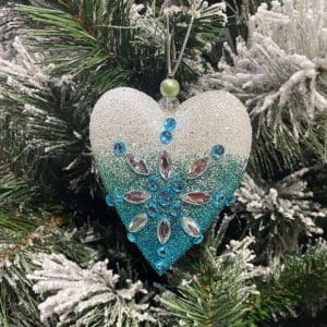 6" Xmas Heart Teal Blue and Silver
